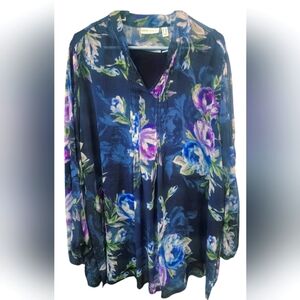 Susan Graver 2pc Blue Floral Sheer Lace Sleeve Flowy Chiffon Tunic Blouse-2X